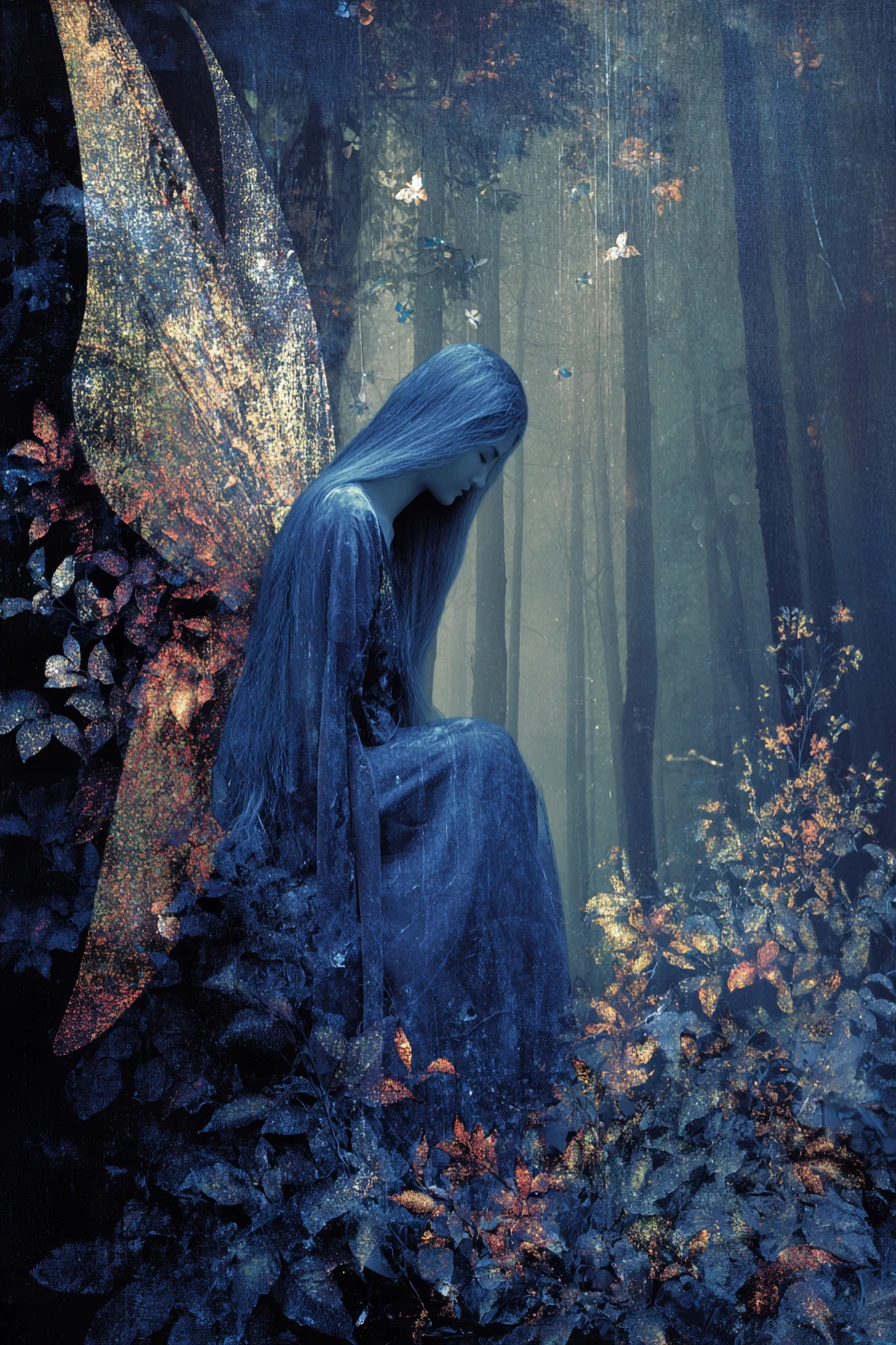 Dreamlike fantasy forest wrapped in soft spectral haze
