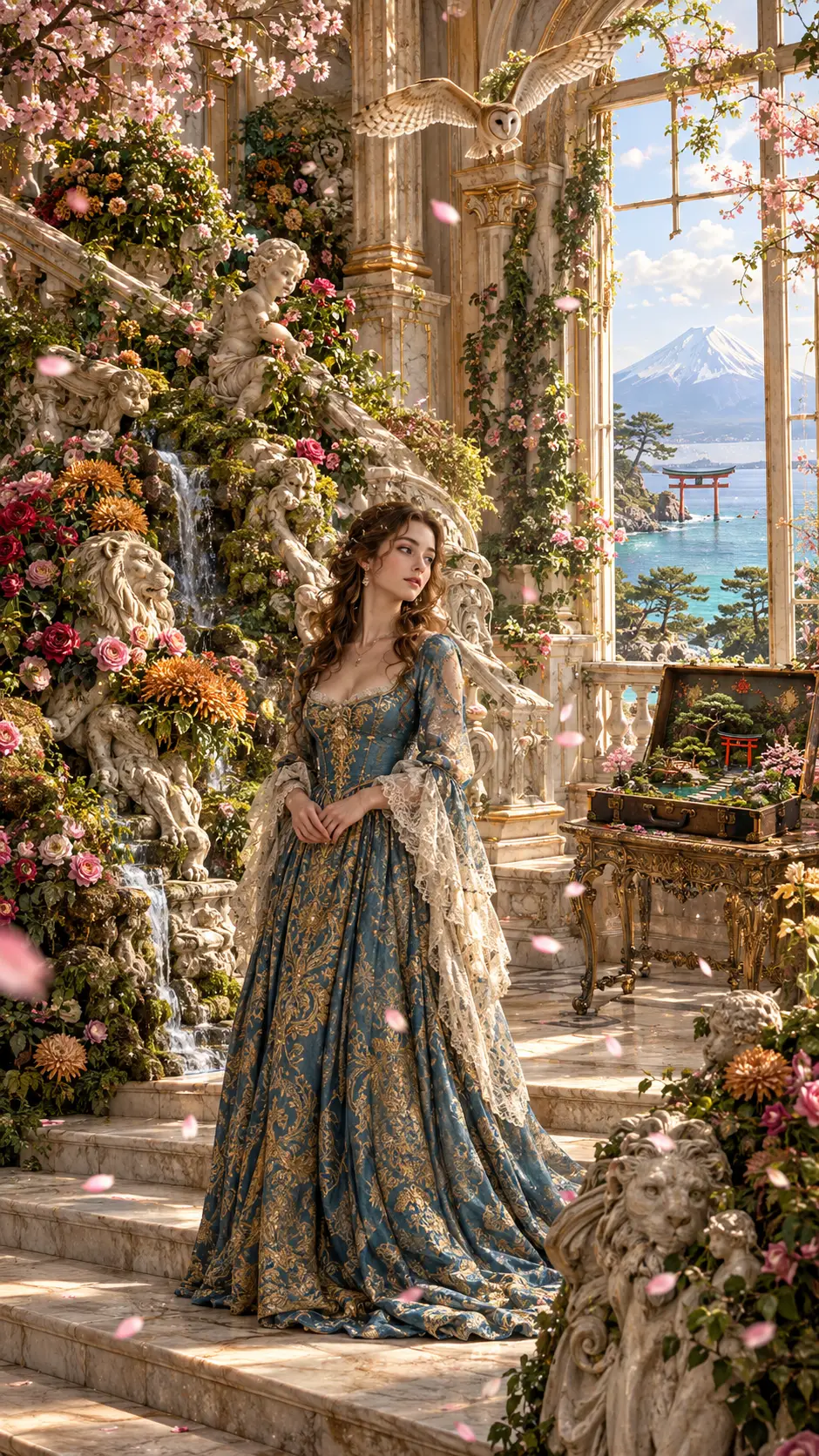 Noble dame sur escalier en marbre d’un palais envahi par les fleurs