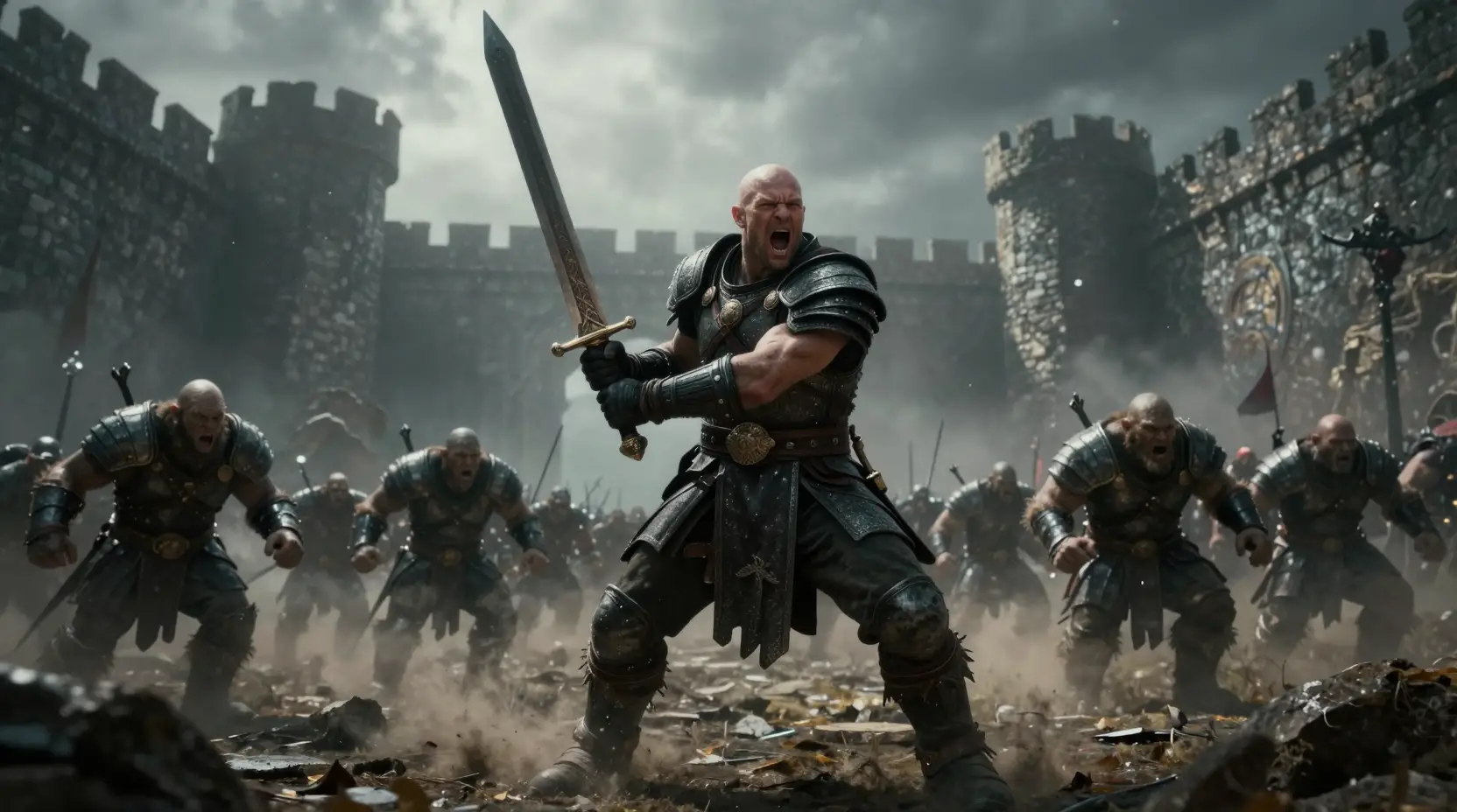 Armored warrior roaring victoriously on a dark fantasy battlefield