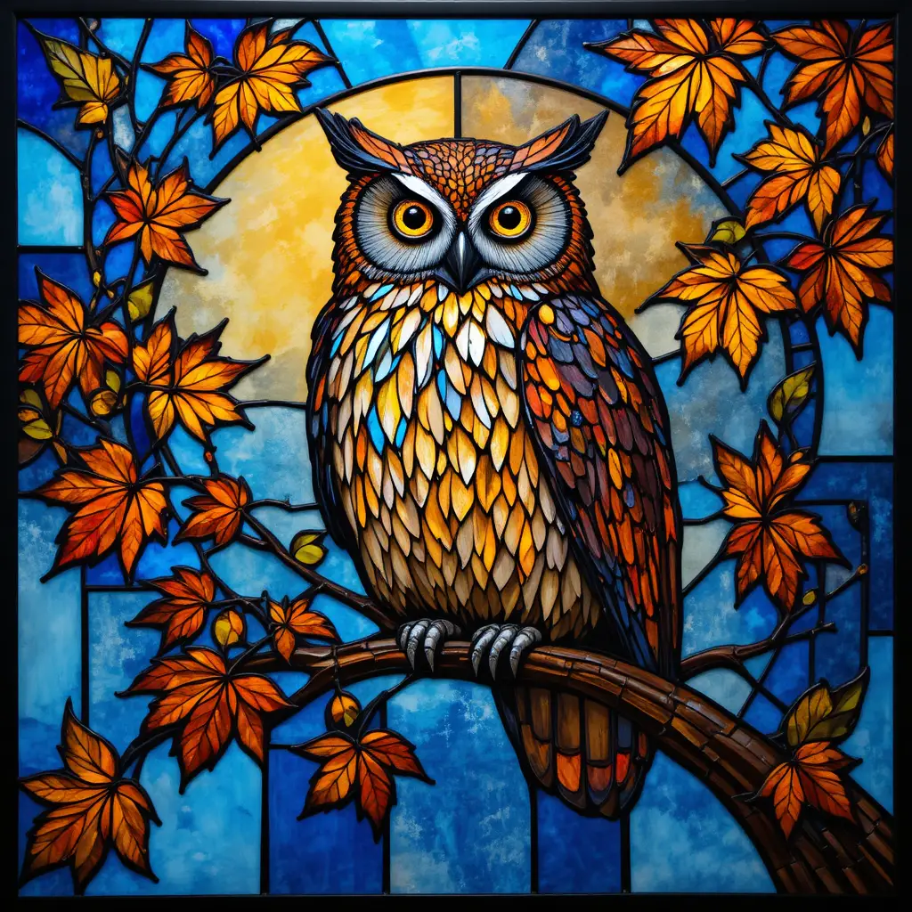 Hibou en vitrail art déco avec feuilles d’érable d’automne