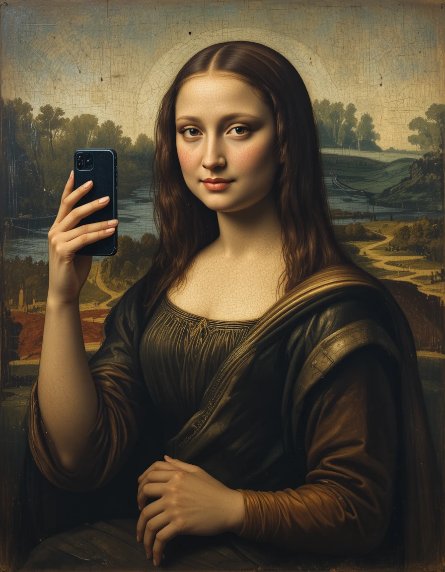 Retrato inspirado na Mona Lisa tirando selfie com smartphone