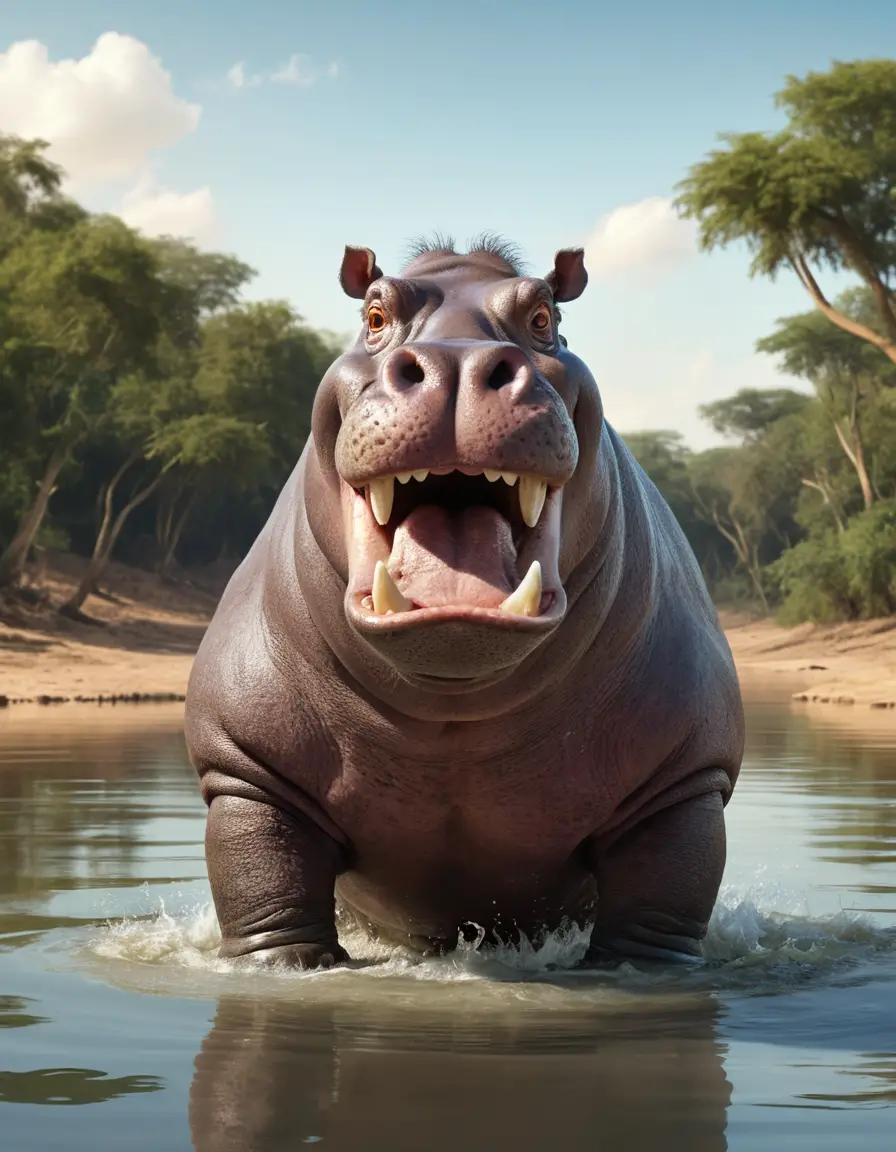 Hippopotamus With Mouth Wide Open In Calm African River
