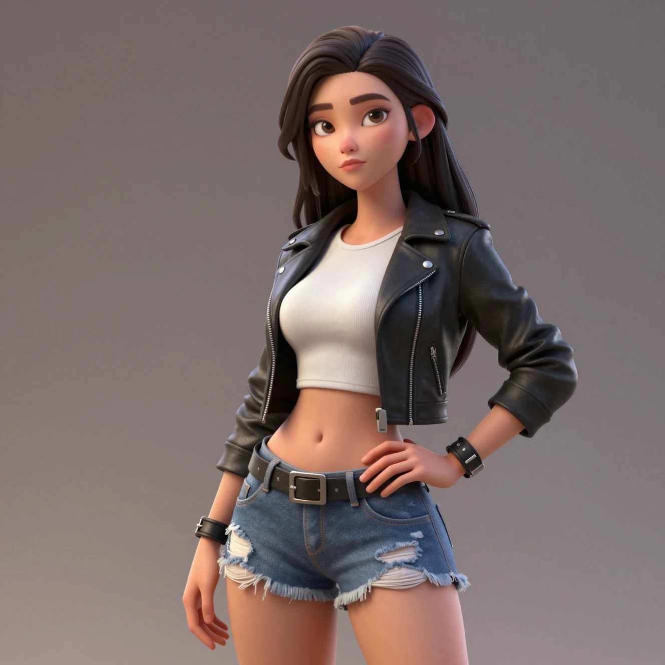 Stylized 3D woman in leather jacket and denim shorts
