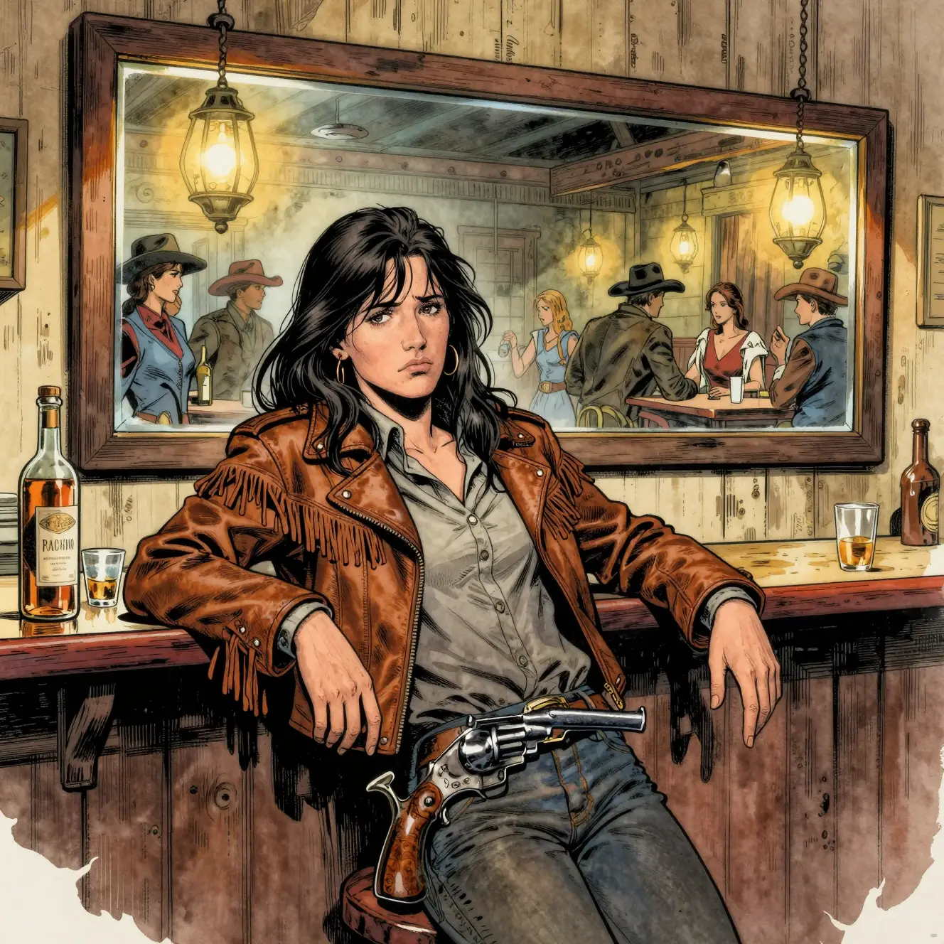 Calamity Jane Leaning At The Bar In A Busy Western Saloon