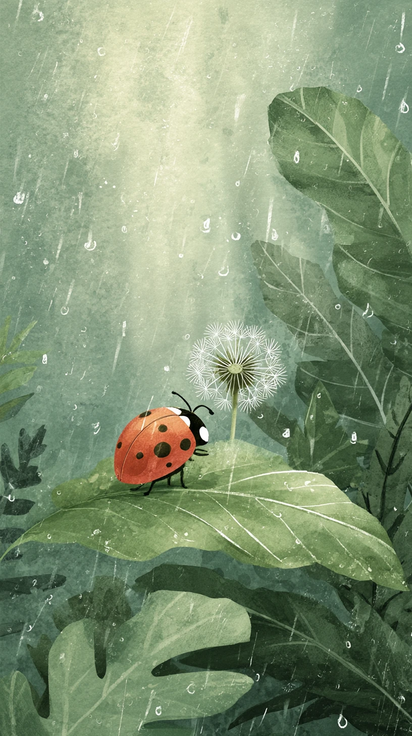 Coccinella su foglia con soffione sotto una pioggia delicata