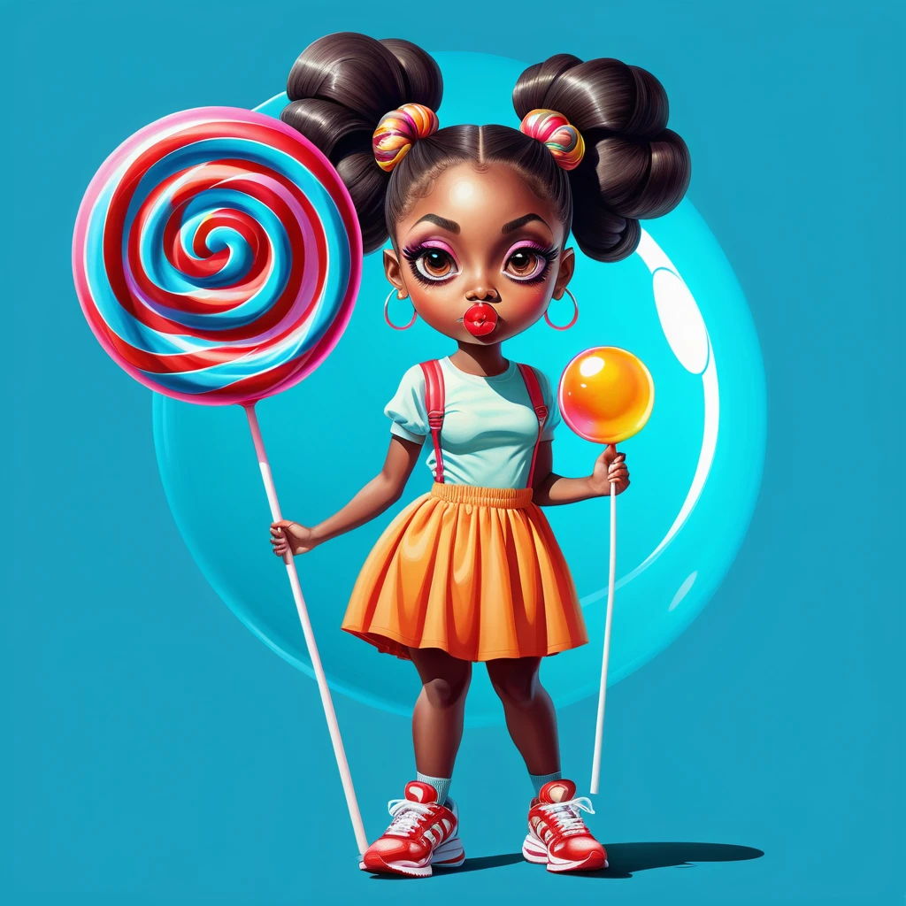 Surreales afrozentriertes Mädchen mit riesigen Sneakers und Lutscher