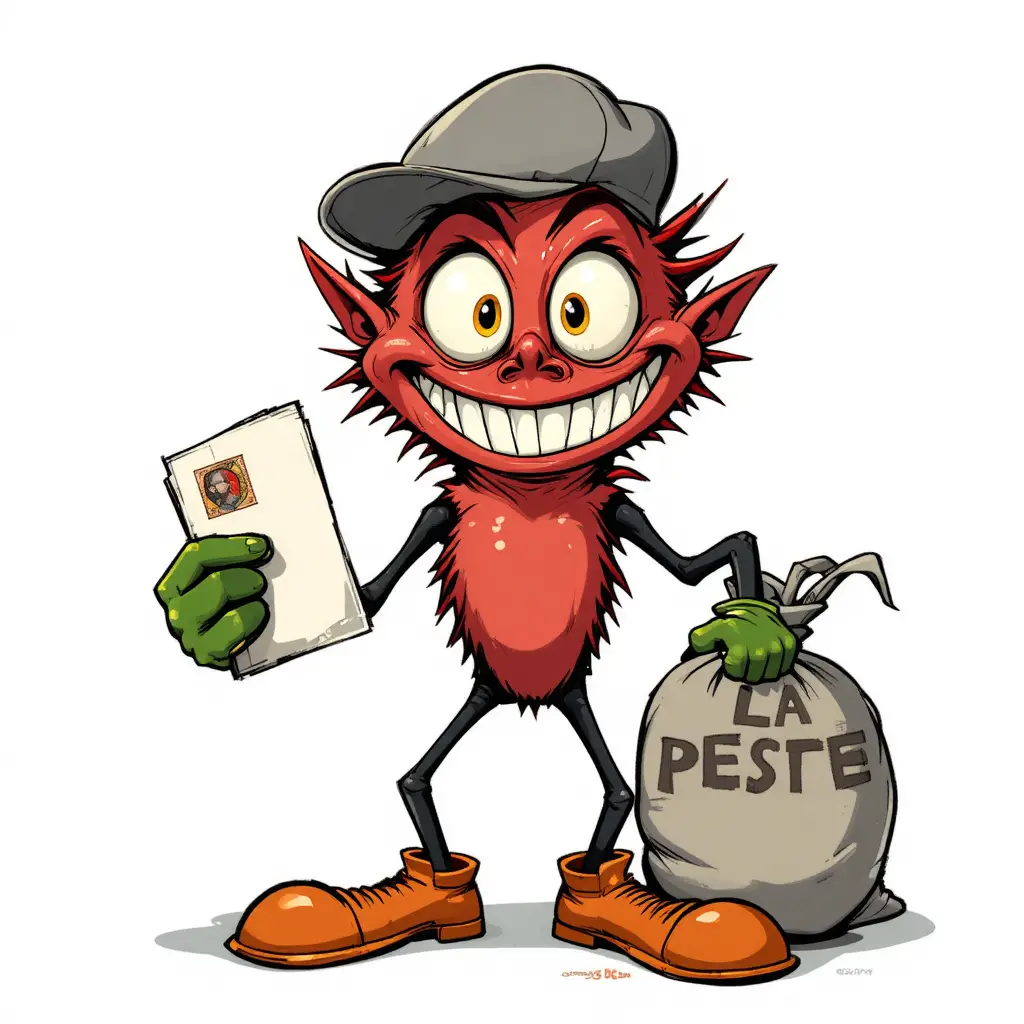 Verspielte rote Cartoon-Kreatur mit Post und Pestbeutel