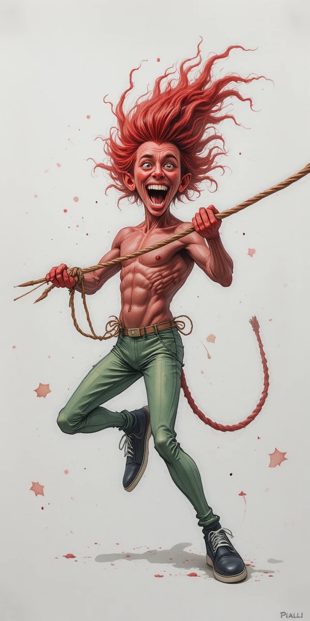 Duende vermelho em desenho animado segurando uma corda rosa trançada
