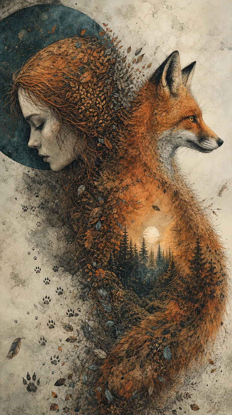 Profil de femme se transformant en renarde grâce à un symbolisme texturé