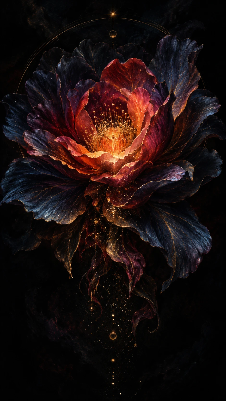 Flor Noturna Surreal com Coração de Brasa Luminoso