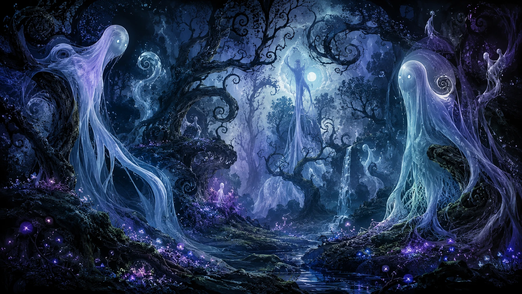 Floresta Encantada com Elegantes Gigantes Fantasmas ao Luar