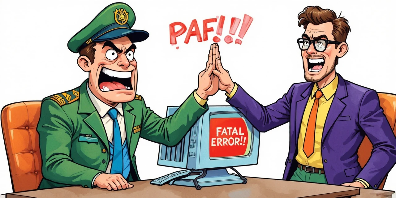 Angry cartoon officer shouting at fatal error computer