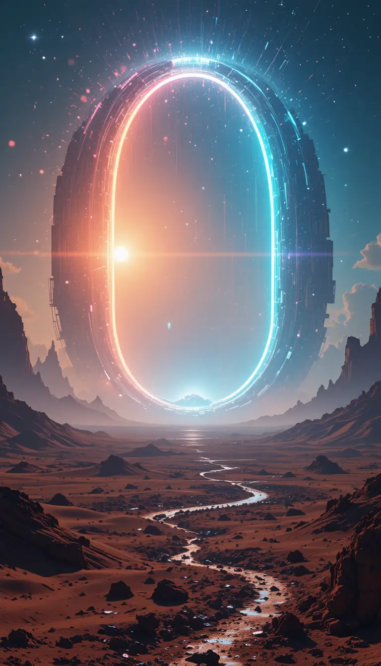 Glowing Energy Arch Above An Alien Desert Under Two Suns