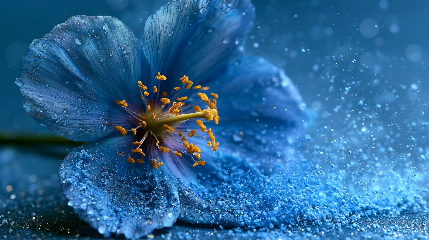 Blaue Blume mit gelben Blütenblättern und mystischem blauen Staub