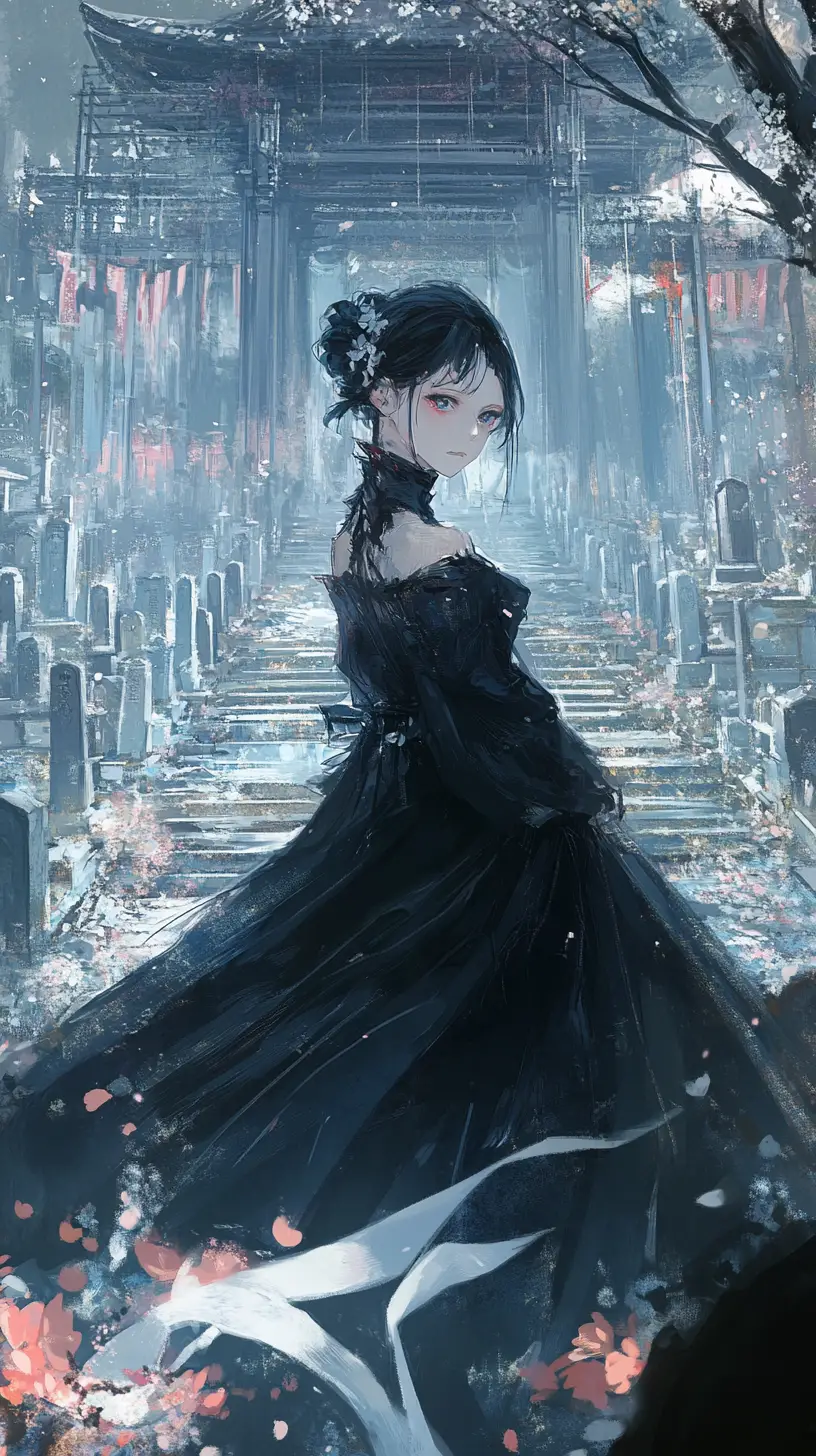 Anime-Mädchen mit blauen Haaren in mechanischem Gothic-Kleid