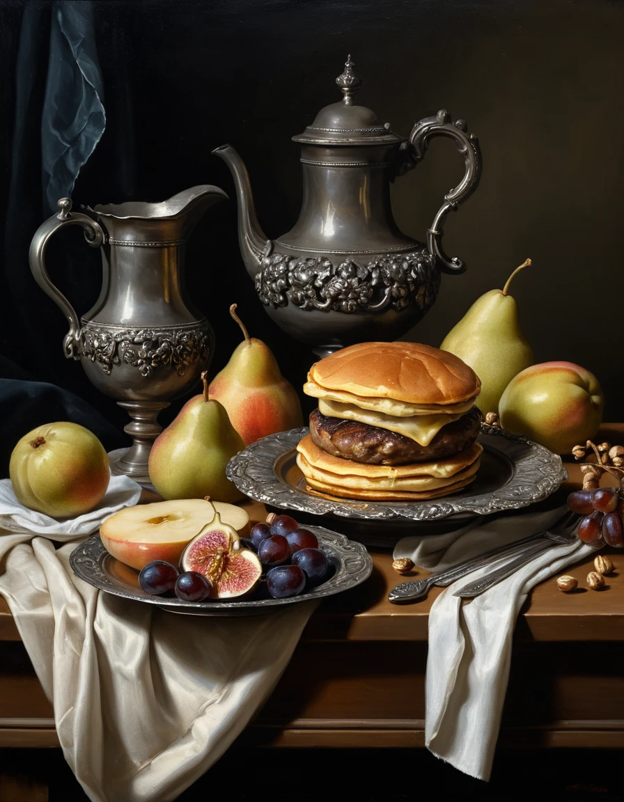 Dutch style still life painting with a central cheeseburger
