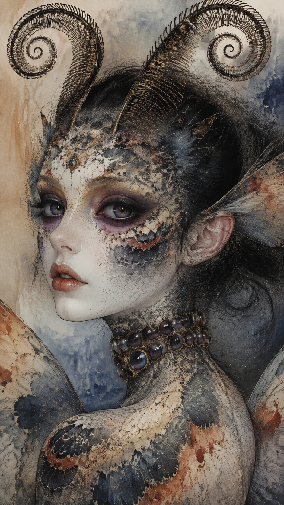 Retrato Surreal de Mulher com Asas de Mariposa e Detalhes Ornamentais de Insetos