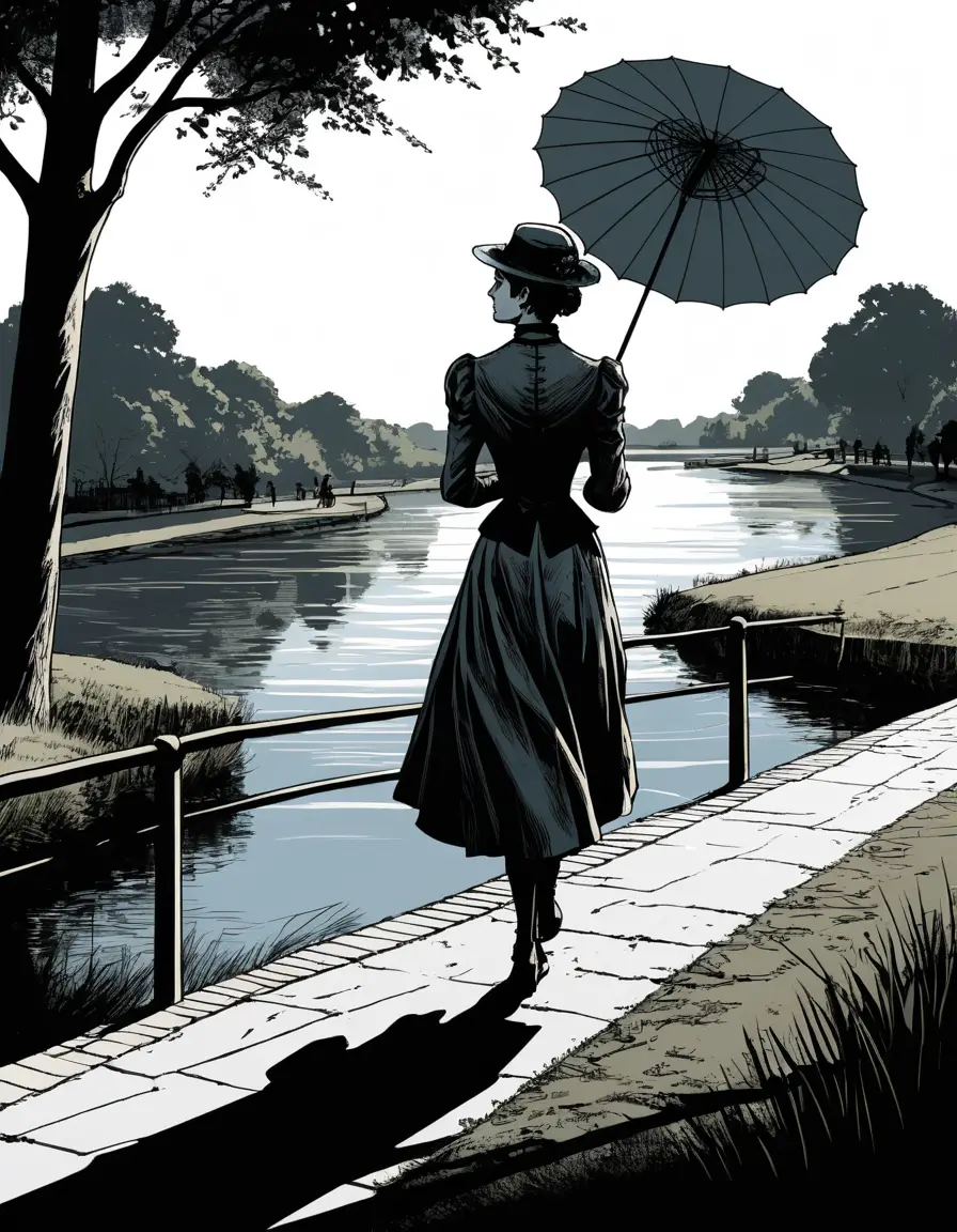 Femme victorienne marchant dans un parc au bord de la rivière avec une ombrelle