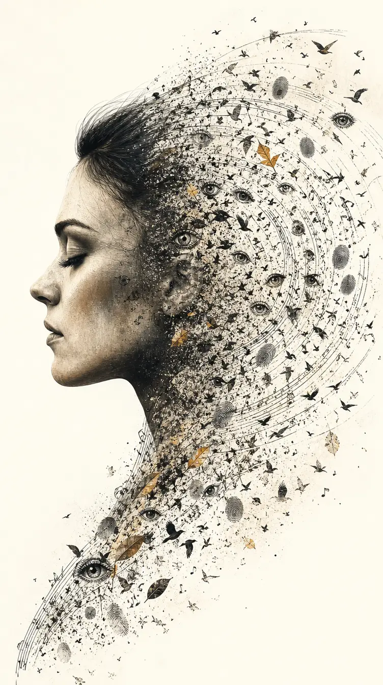 Woman in profile with memories dissolving into symbolic waves