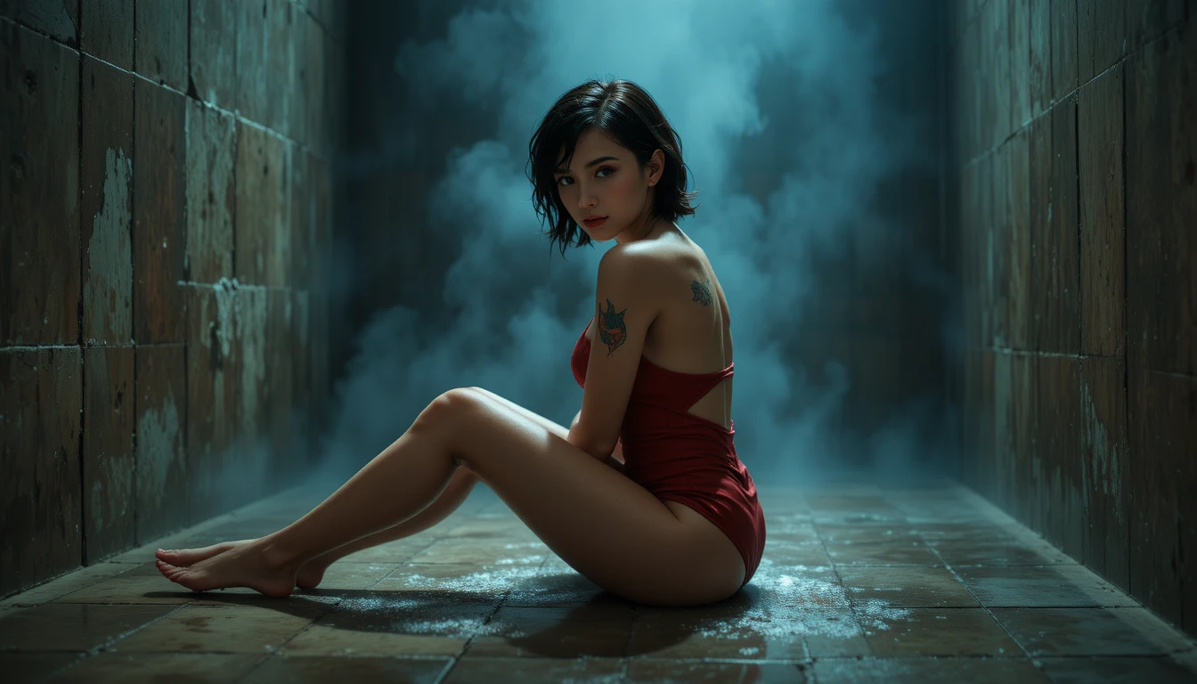 Mulher sensual de maiô vermelho no chão de azulejo em banheiro cheio de vapor