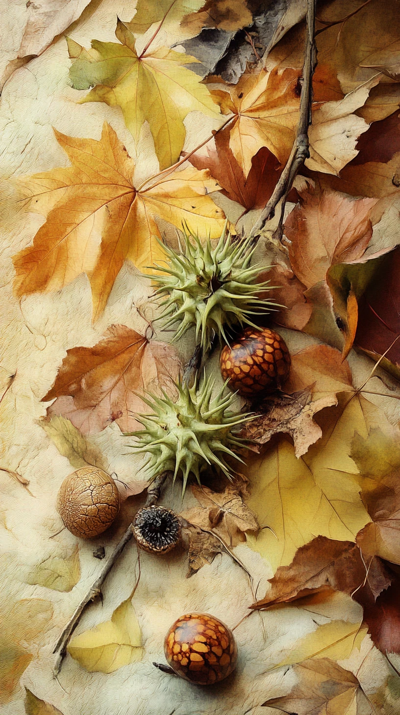 Castagne ad acquerello e foglie autunnali sul tappeto del bosco