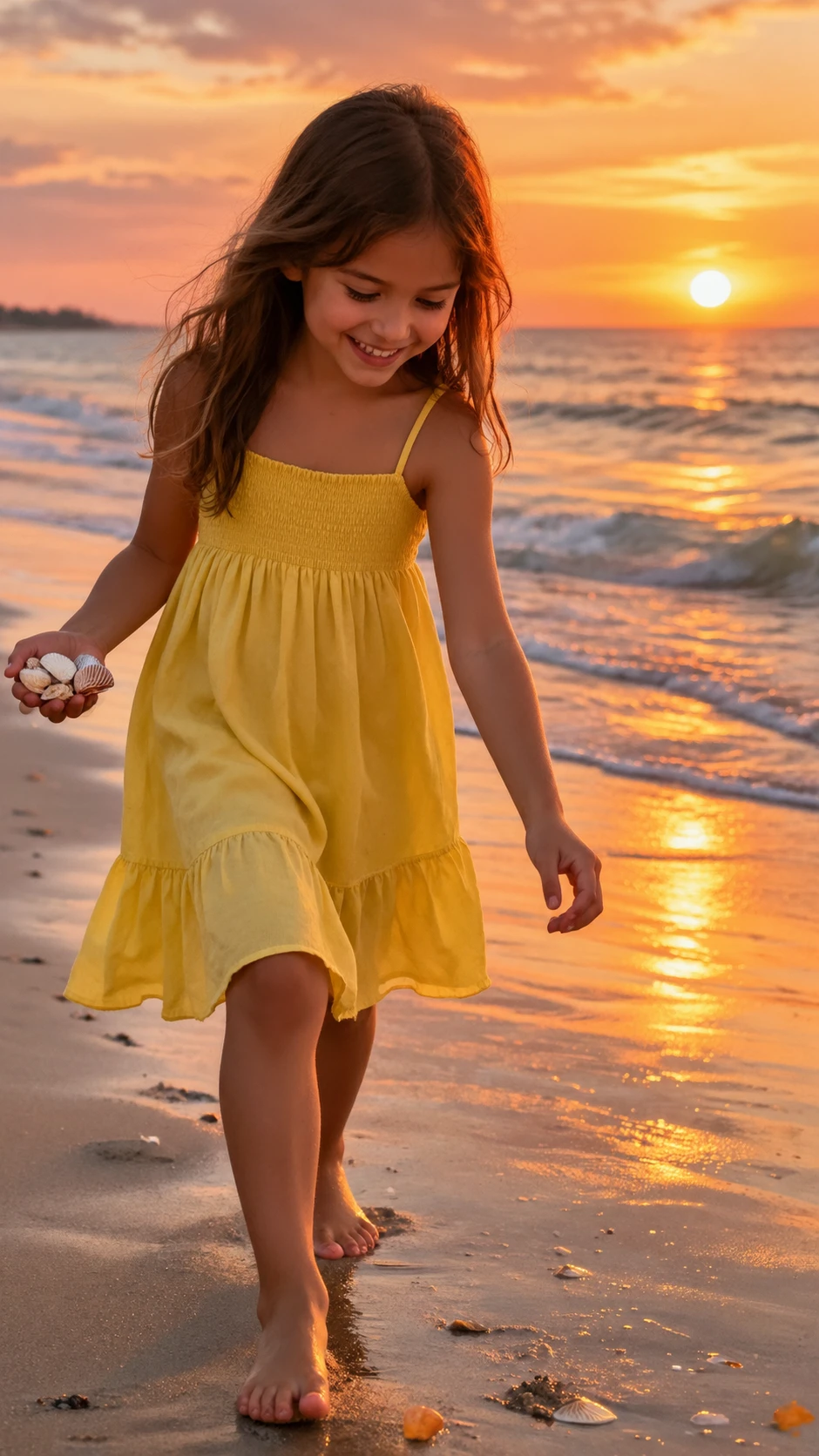 Menina jovem de vestido amarelo caminhando na praia