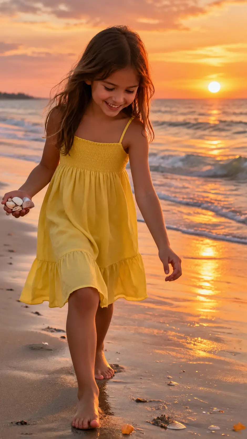 Junges Mädchen im gelben Kleid geht am Strand entlang