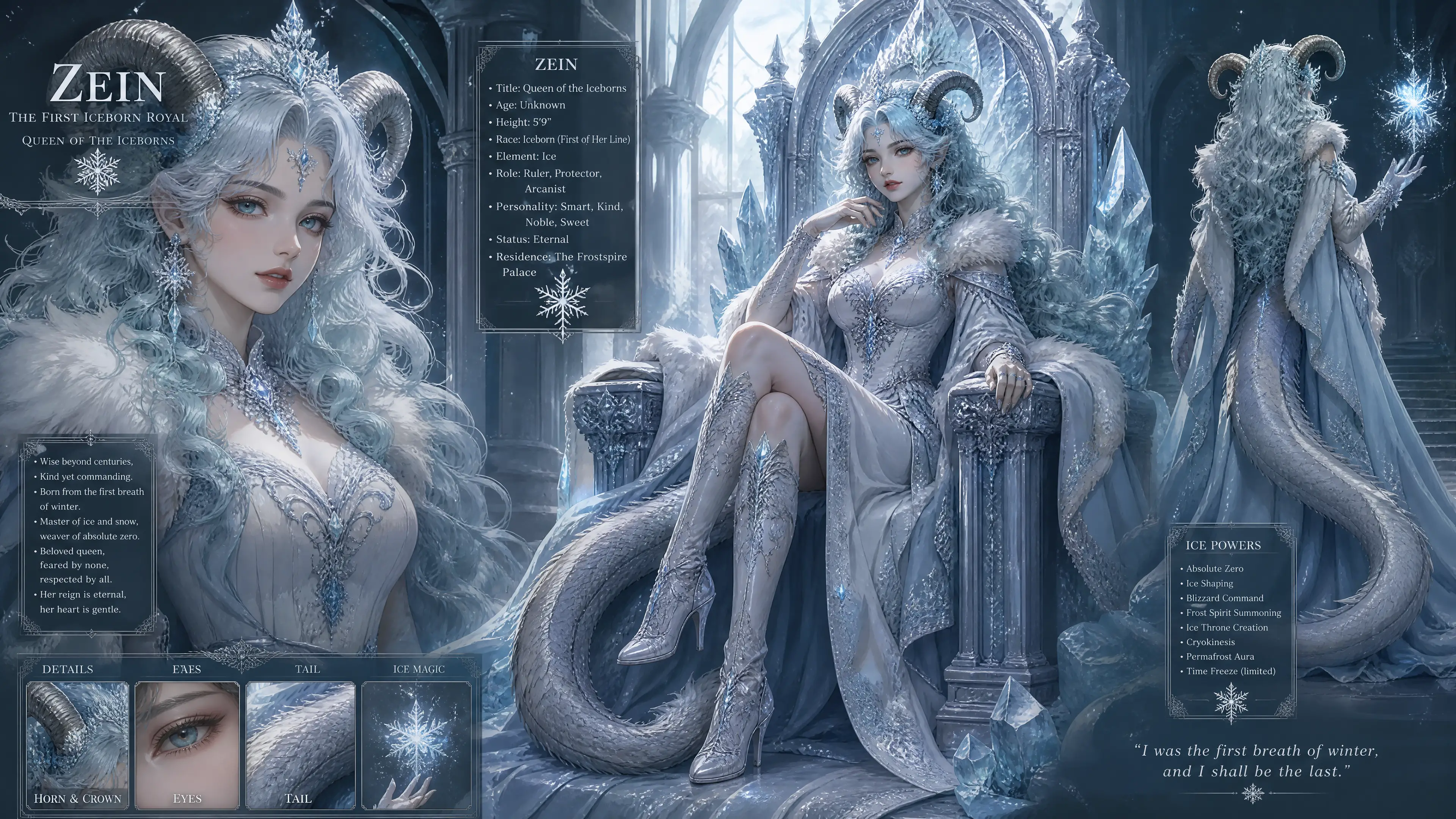 Iceborn queen with horns and long cyan silver hair
