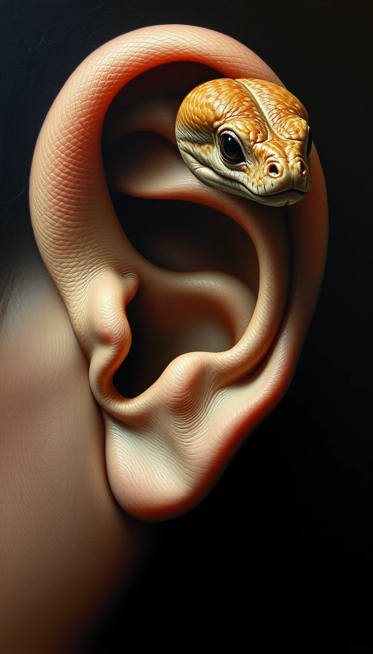 Primo piano surreale di un orecchio umano con serpente emergente