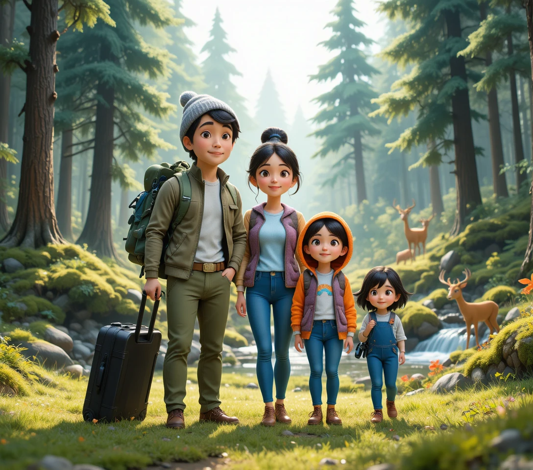 Famille de quatre explorant une clairière en forêt baignée de soleil
