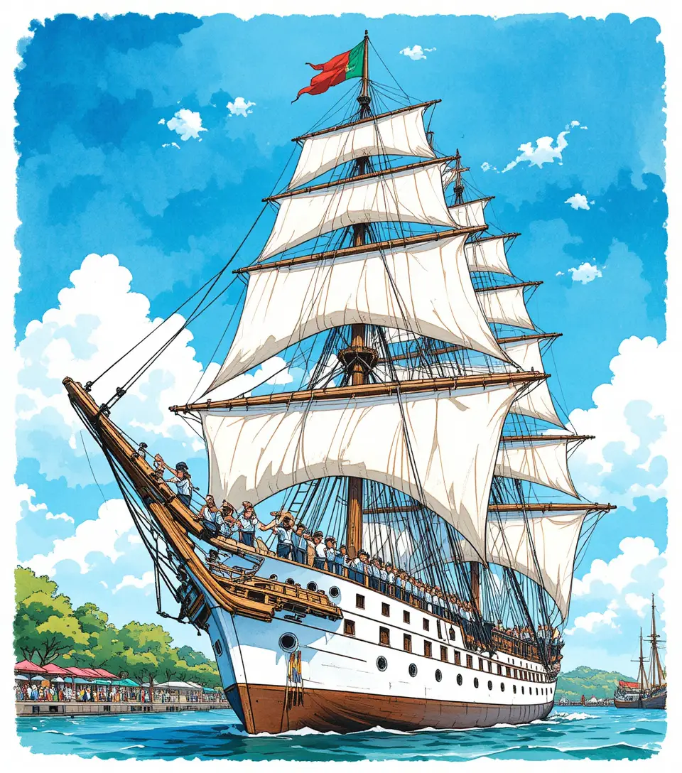 Tall sailing ship with sailors lining the rigging and sails