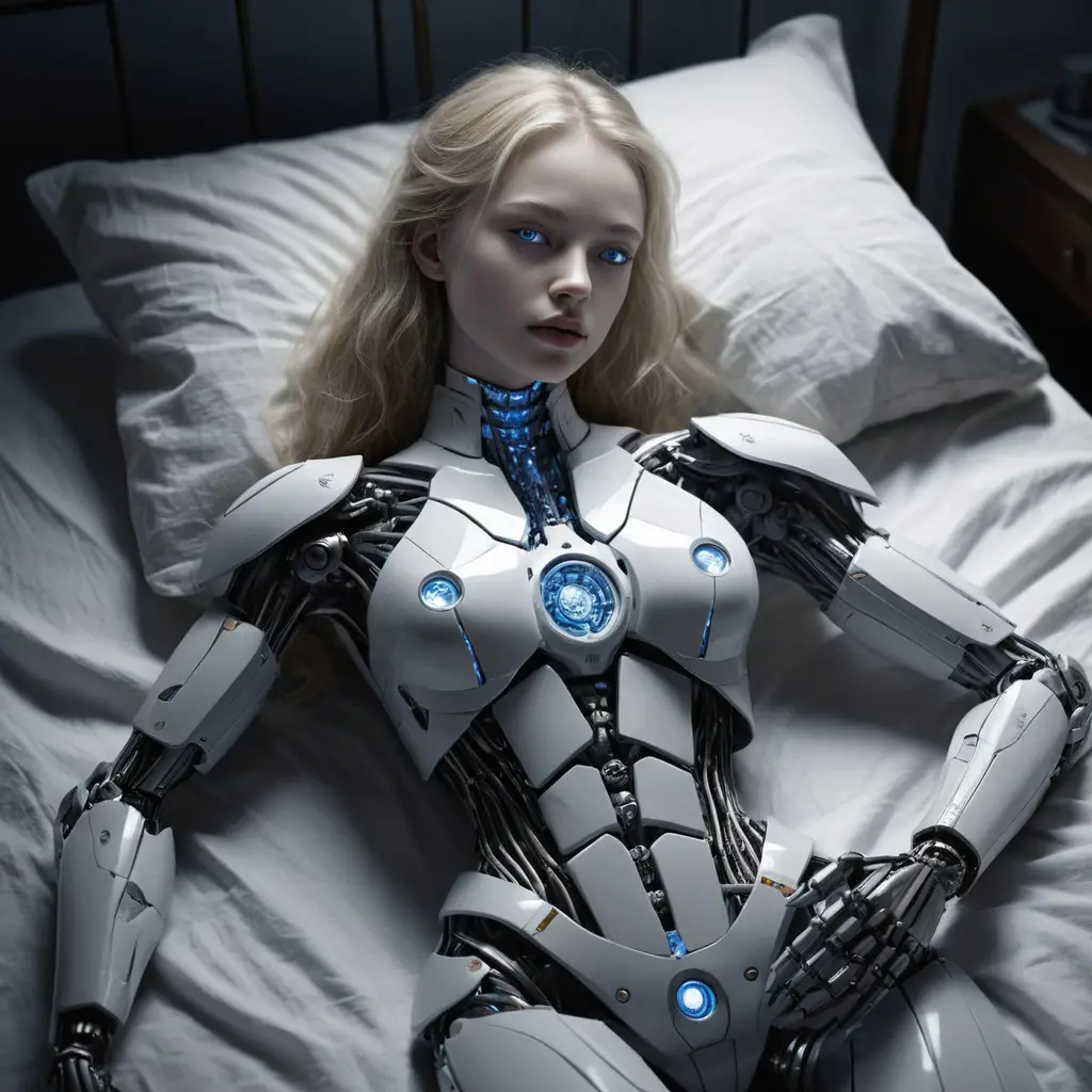 Androïde féminine reposant sur un lit transparent dans l’obscurité