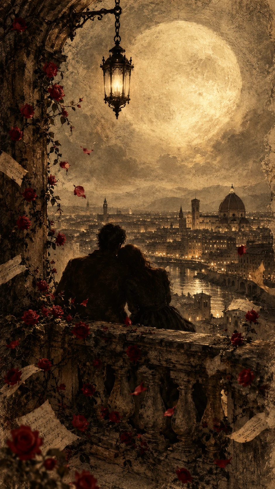 Coppia romantica in controluce su balcone sopra una città storica illuminata dalla luna
