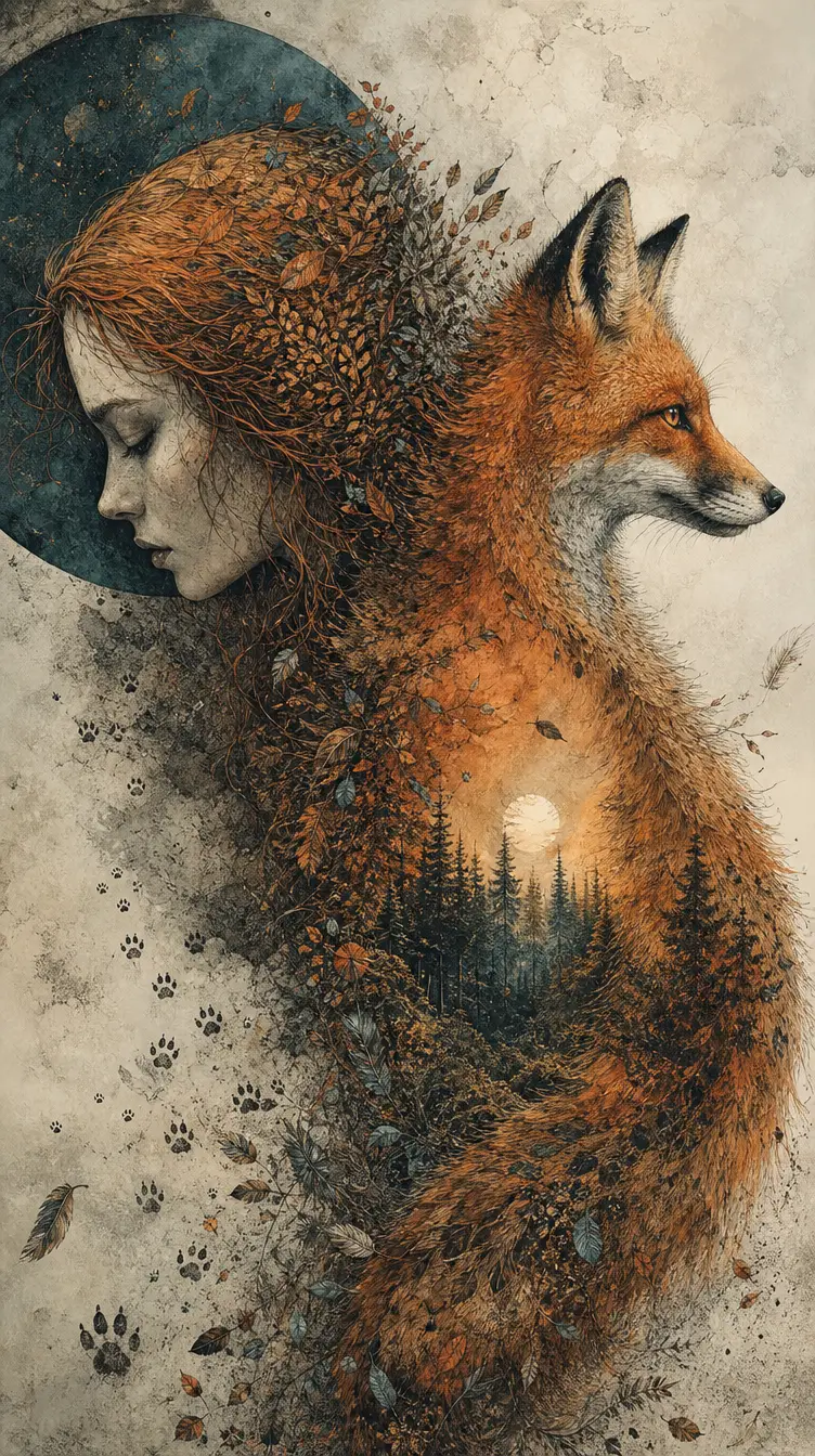 Woman profile transforming into a fox through textured symbolism