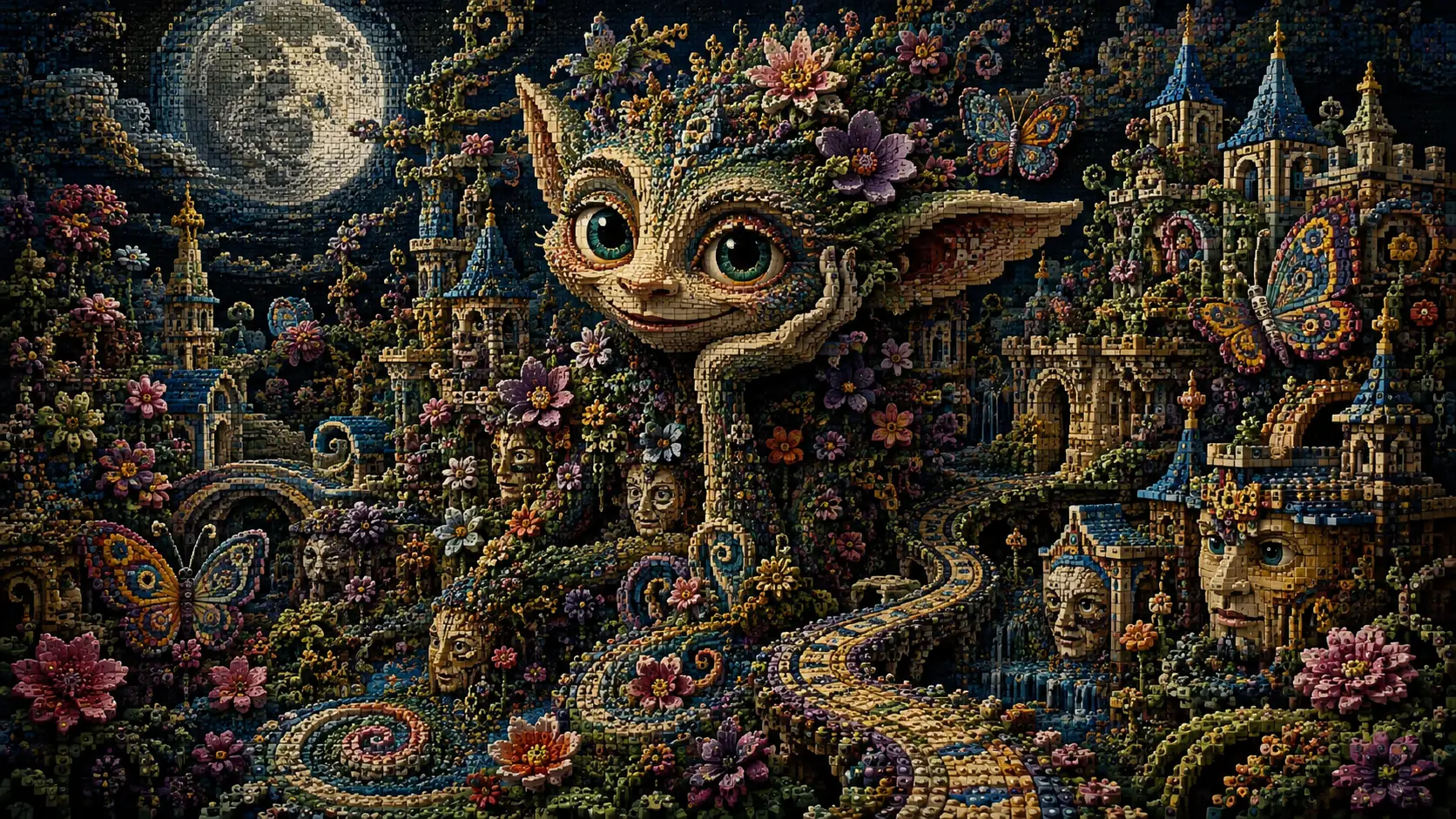 Surreal brick garden with sly fantasy creature and flowers