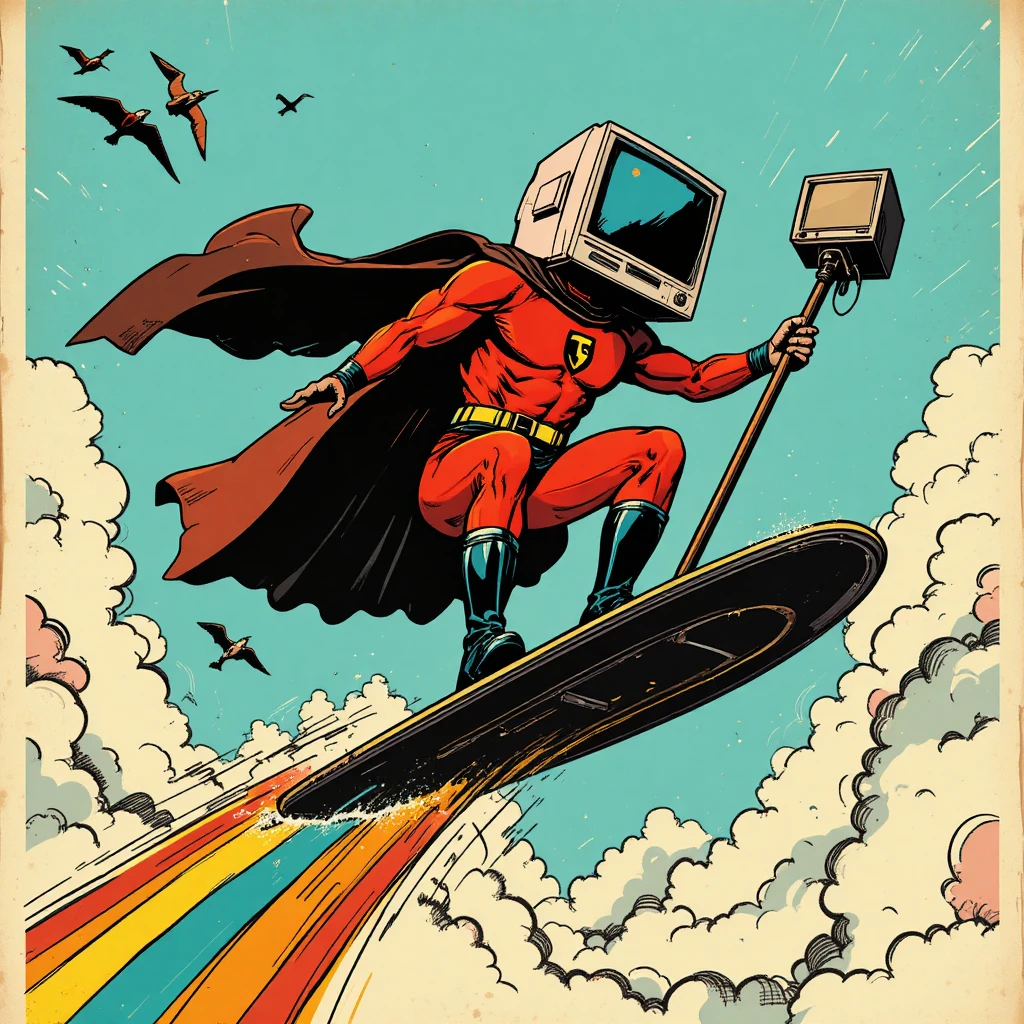 Retro-Comic-Superheld mit Monitor-Kopf, der durch den Himmel fliegt