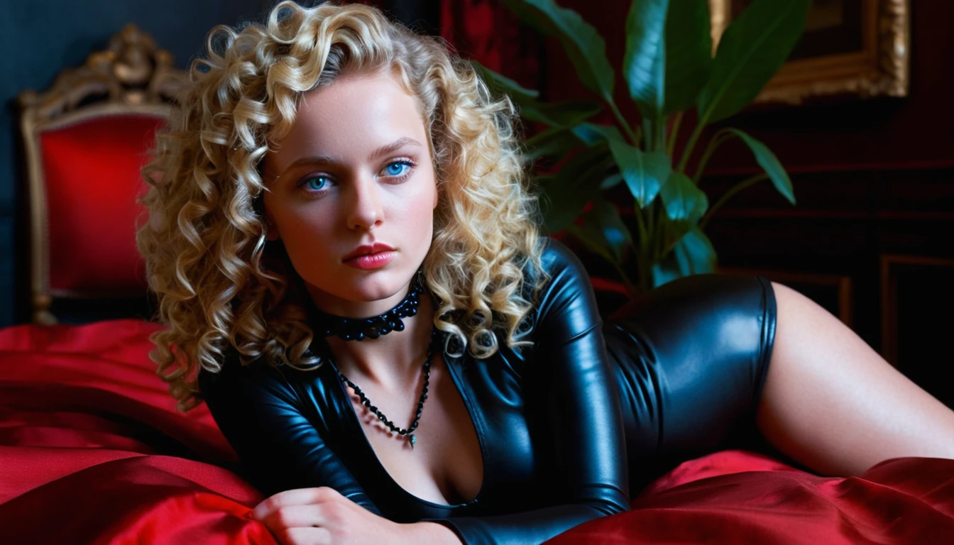 Blonde woman in black leather on a sunlit red bed