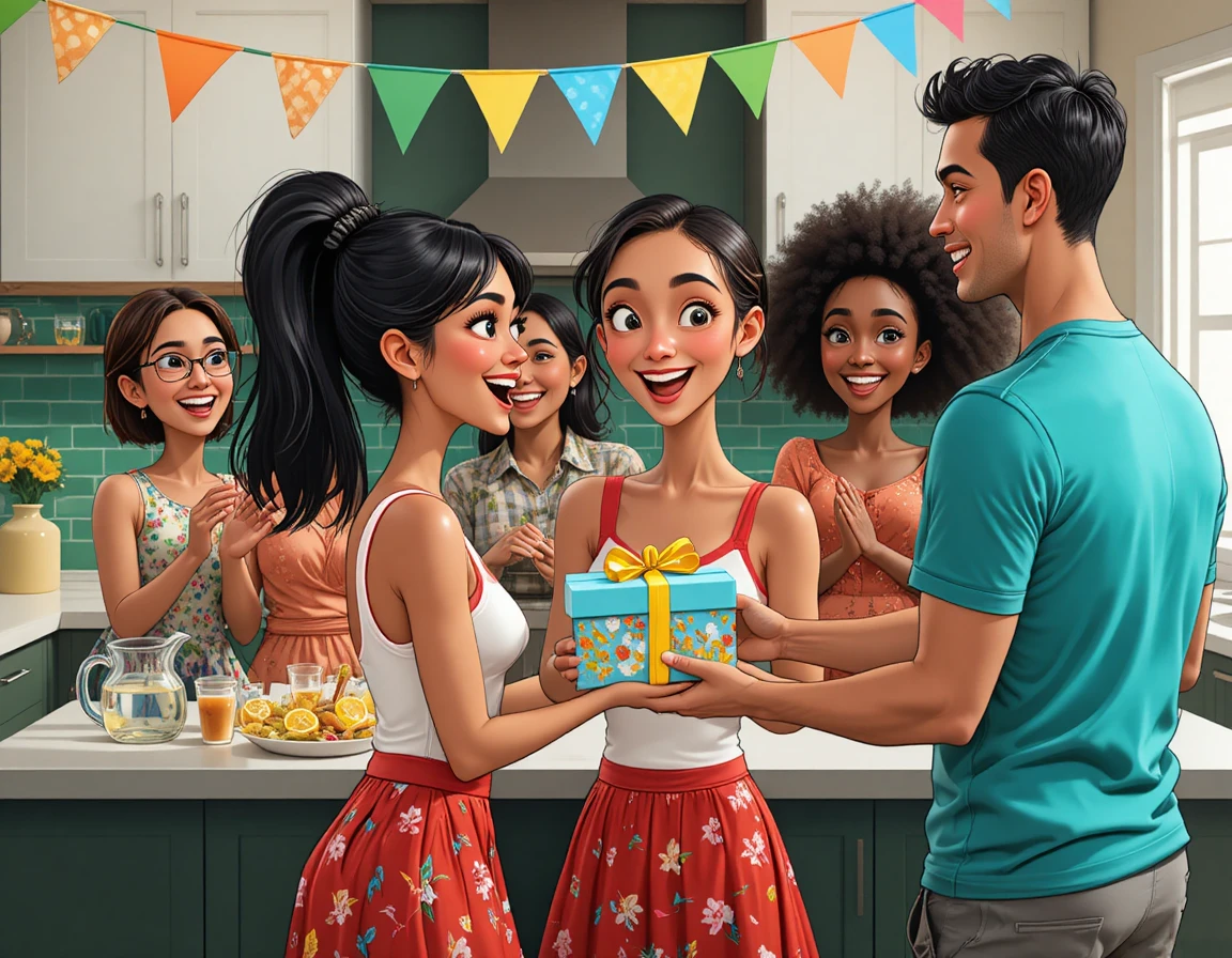 Amici che festeggiano un compleanno a sorpresa in una cucina moderna