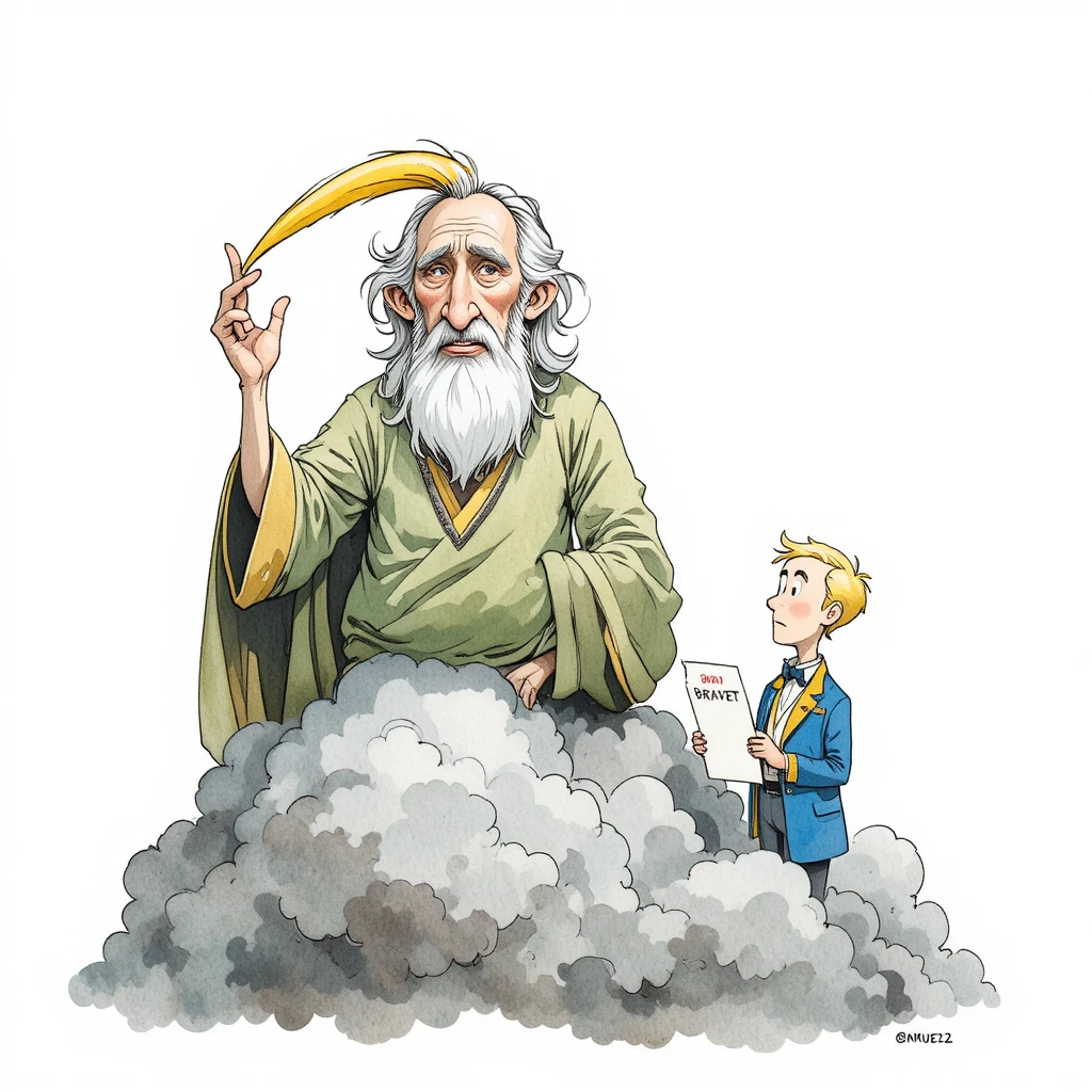 Cartoon old man on a cloud above worried businessman