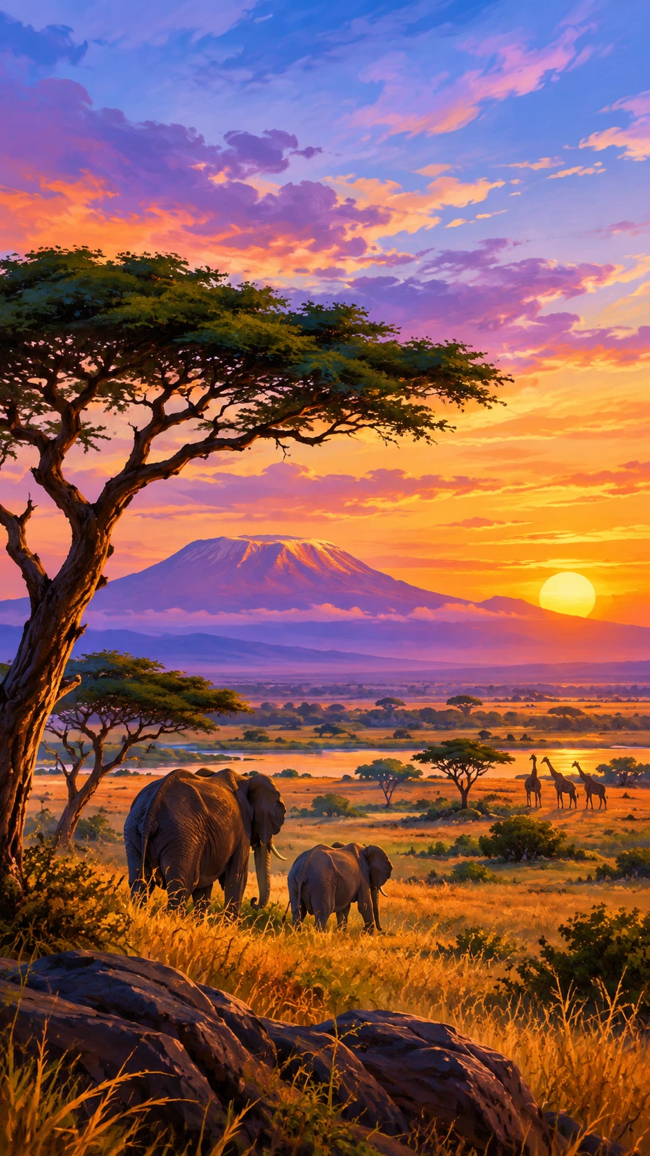 Digitale Illustration einer ruhigen afrikanischen Savanne im Sonnenuntergang