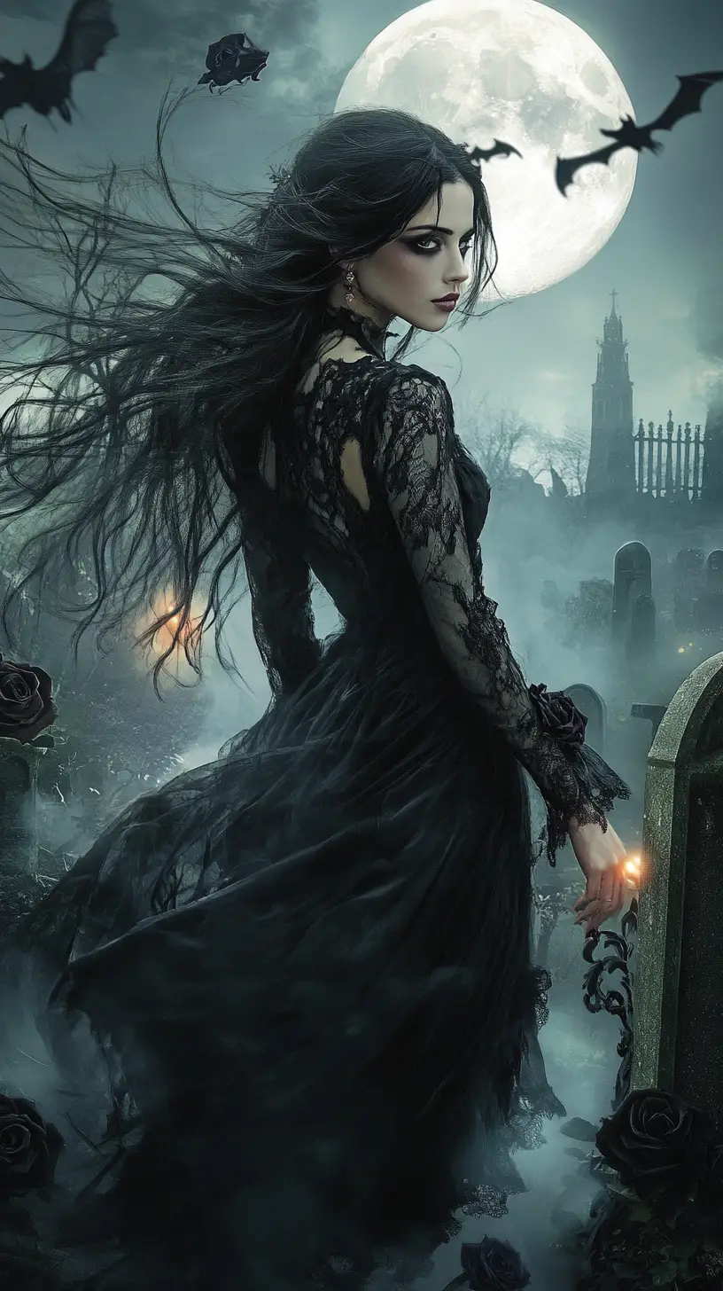 Gothic-Frau geht in einem mondbeschienenen Friedhof an Halloween spazieren