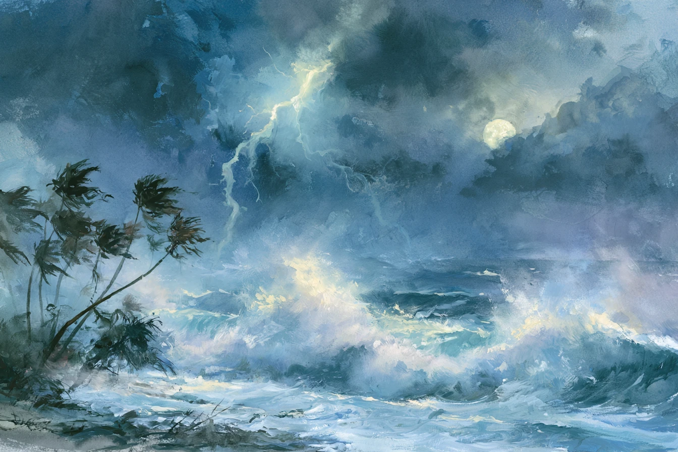 Stormy sea with crashing waves and bending palm trees