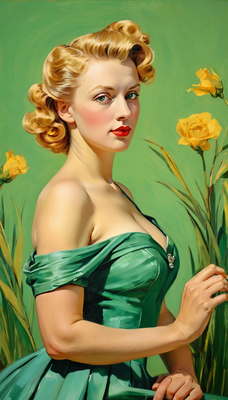 Pin-up loira nua em colina de grama verde brilhante
