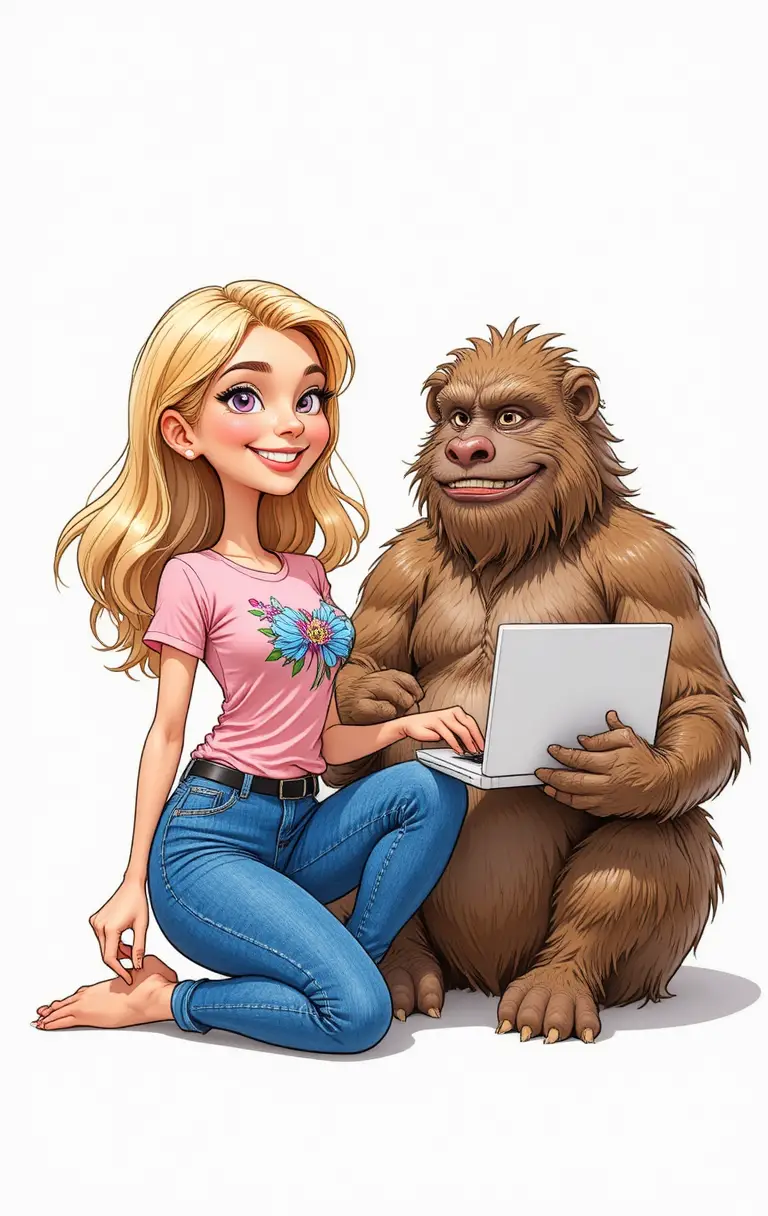 Smiling girl with brown bear using a laptop together