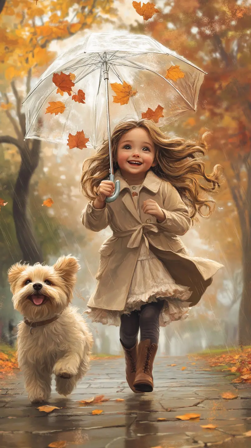 Joyful girl running with dog under umbrella in park