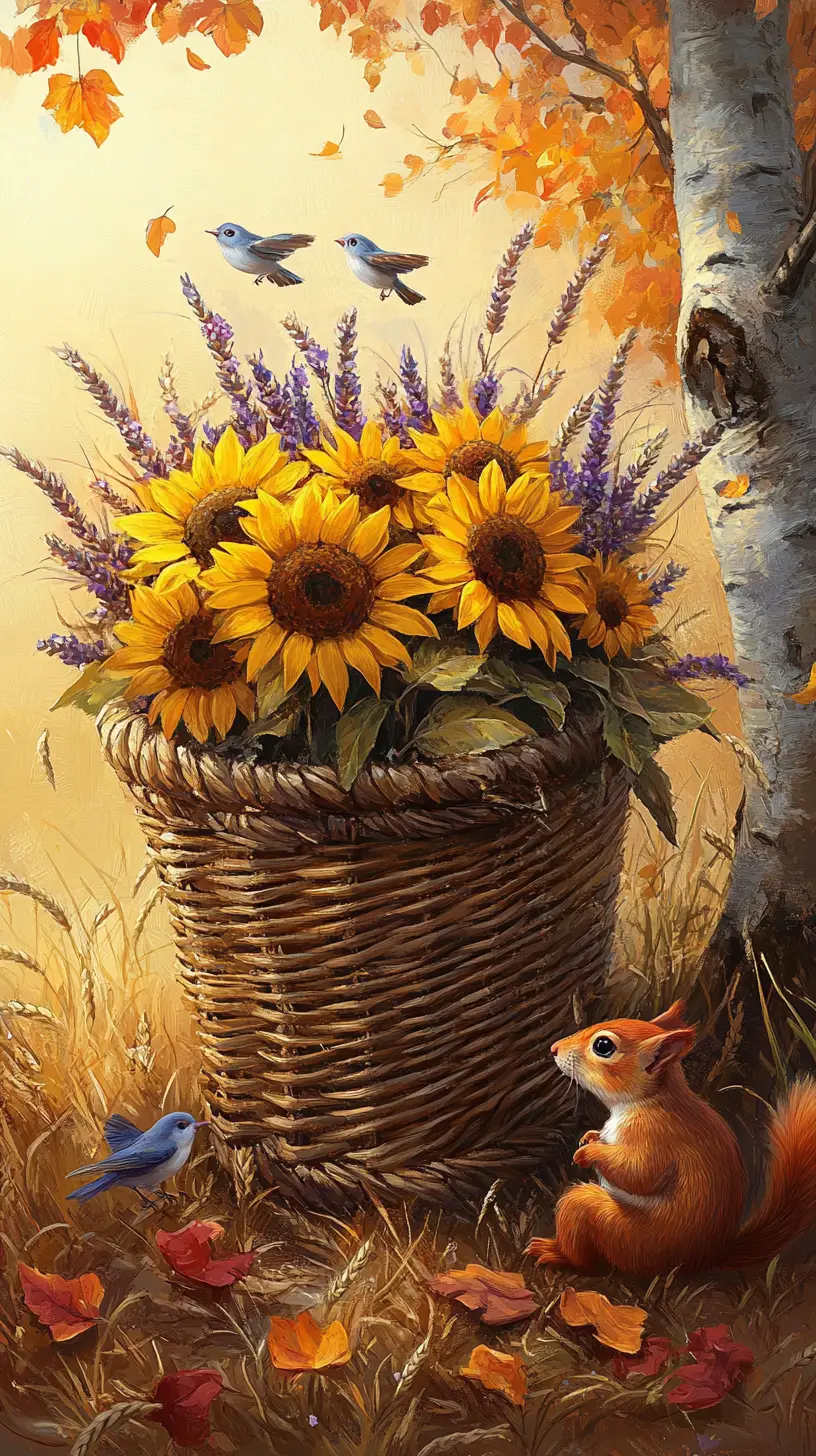 Girasoli in cesto di vimini in un campo di grano dorato