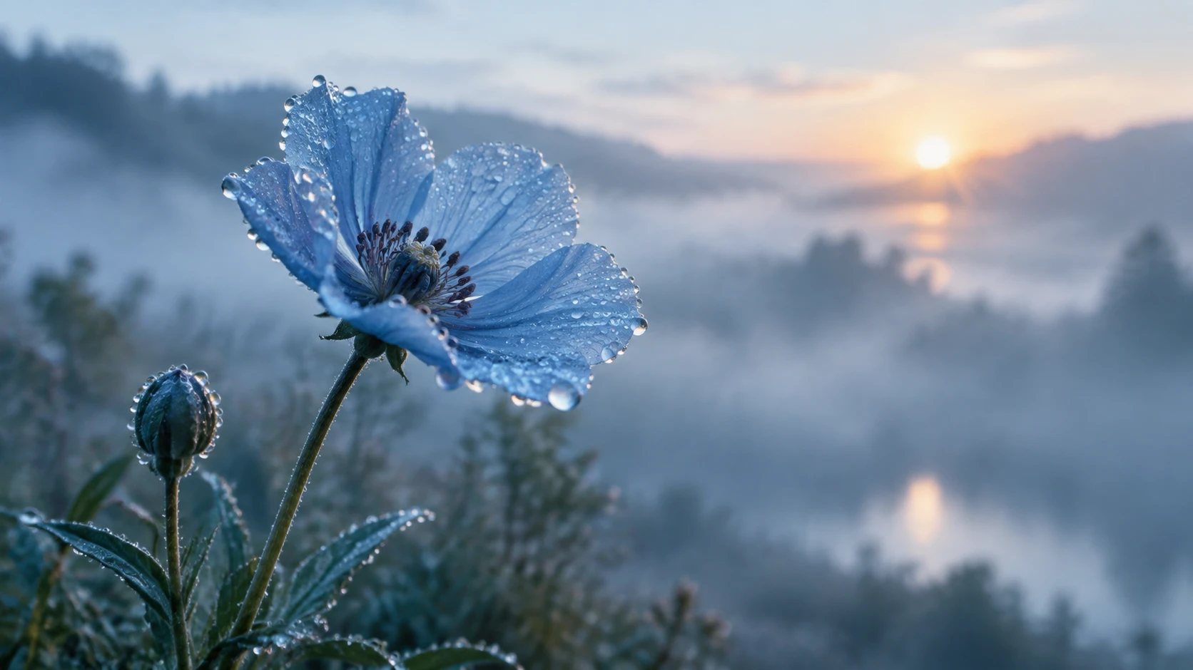 Fiore azzurro con gocce di rugiada nella morbida luce dell’alba