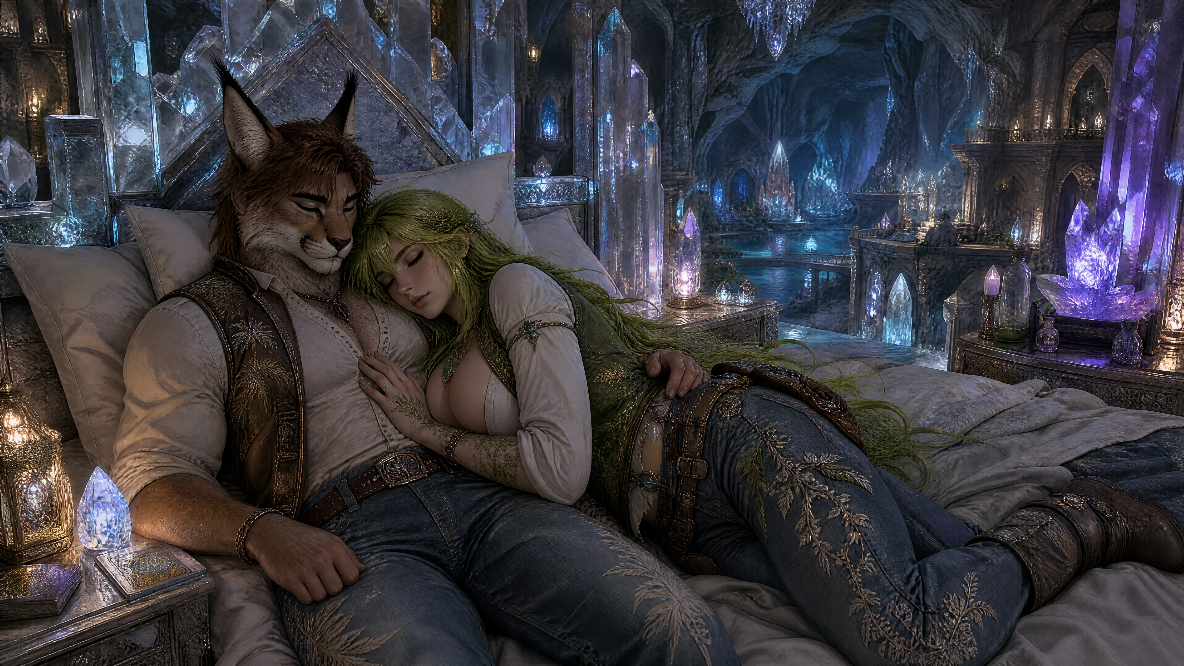 Fantasy couple sleeping together in a glowing crystal cave