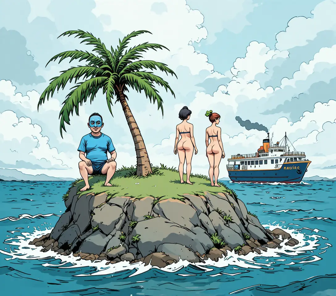 Naufraghi a fumetti su minuscola isola deserta con nave che affonda