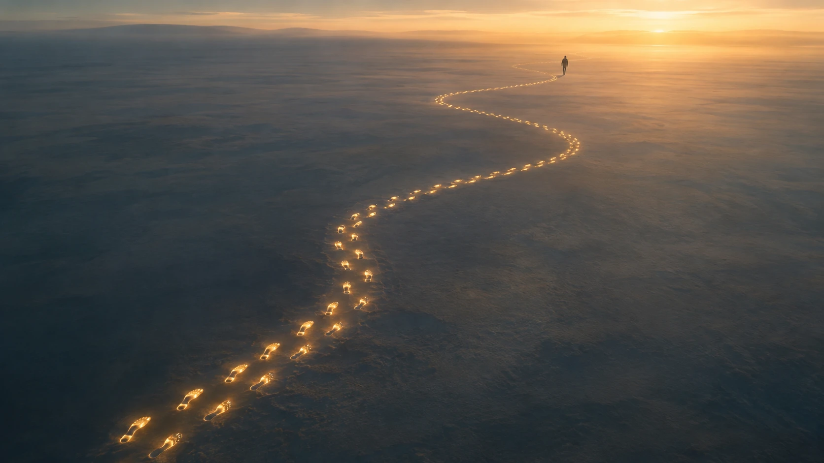 Vista aérea de huellas luminosas cruzando un paisaje vacío